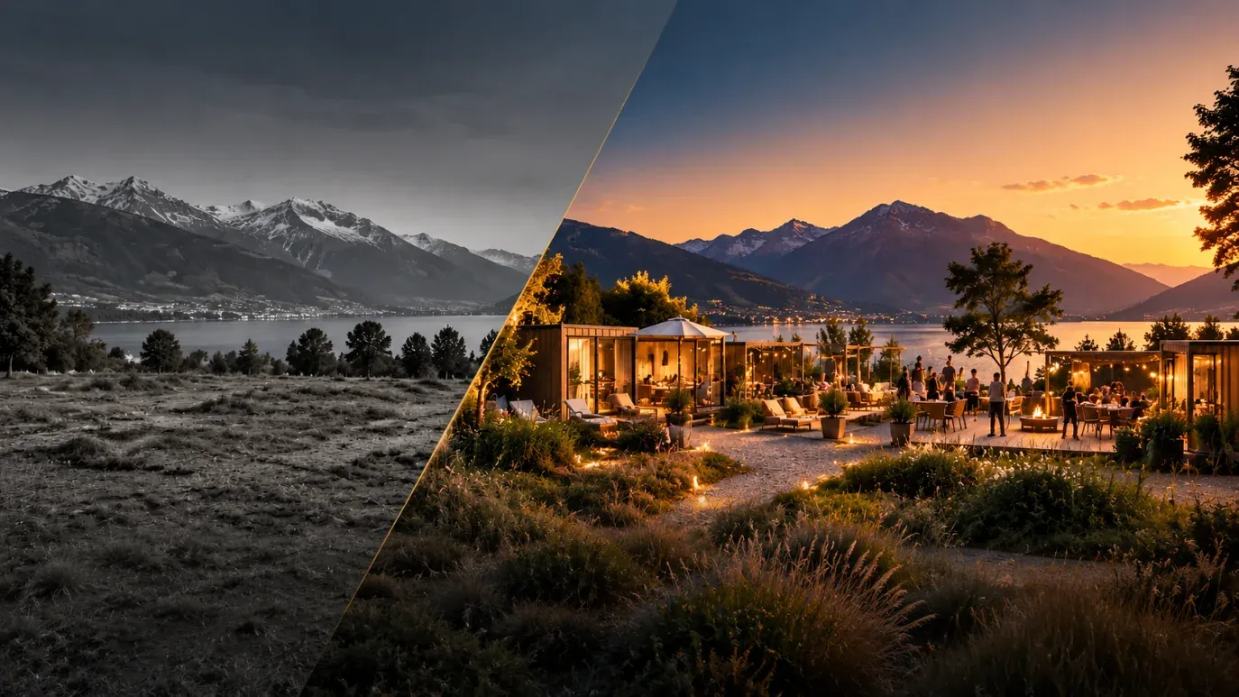 The same lakeside site shown before, as an unused location, and after, as a living destination at sunset