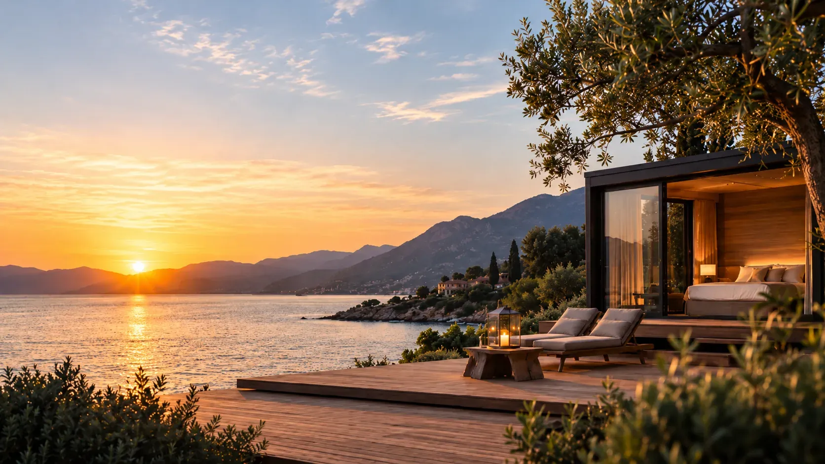 A lakeside AVIXXI lodge with a wooden terrace at sunset